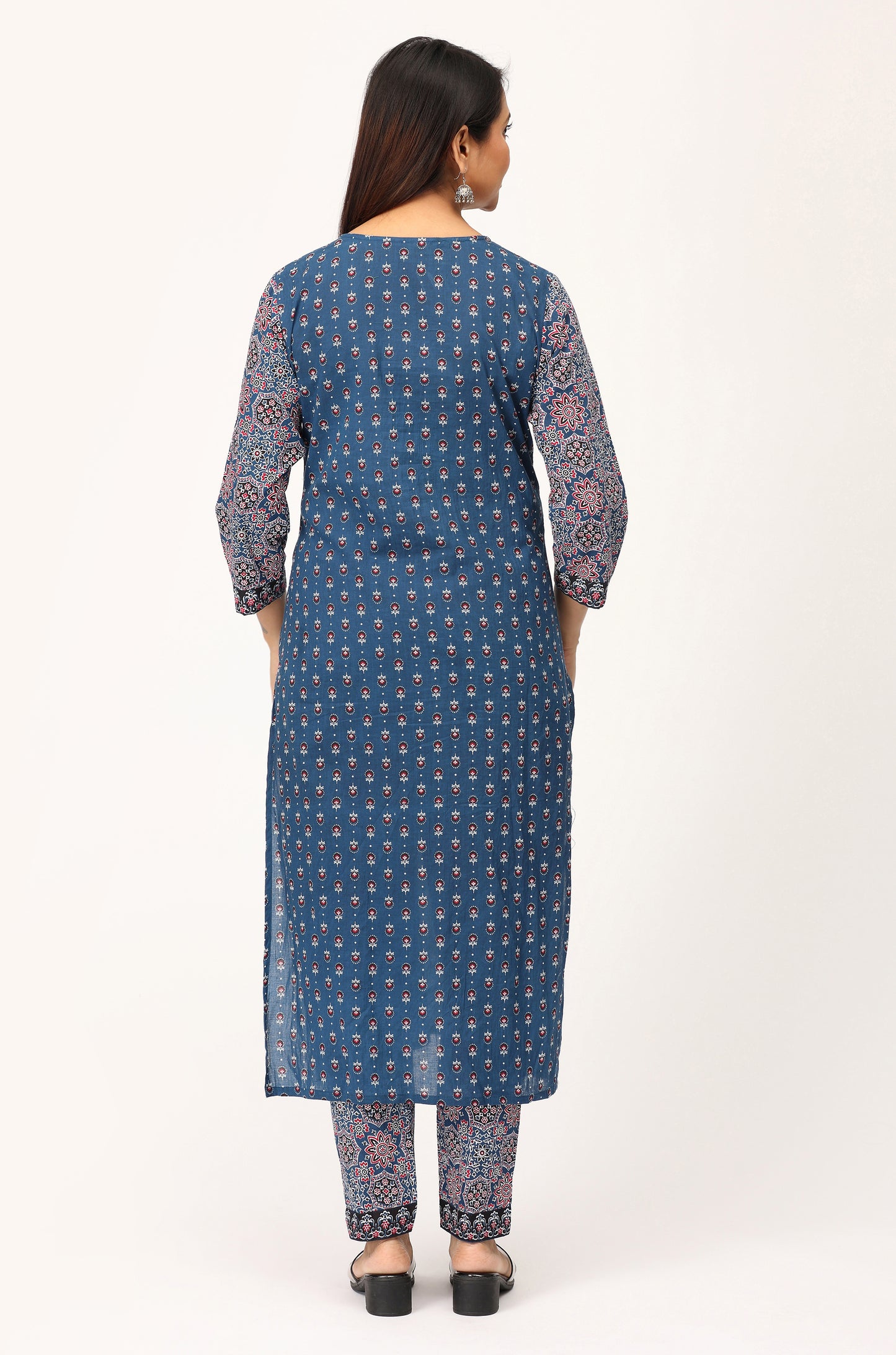 Navy Blue Cotton Printed with Handwork Kurti Set -3Pcs