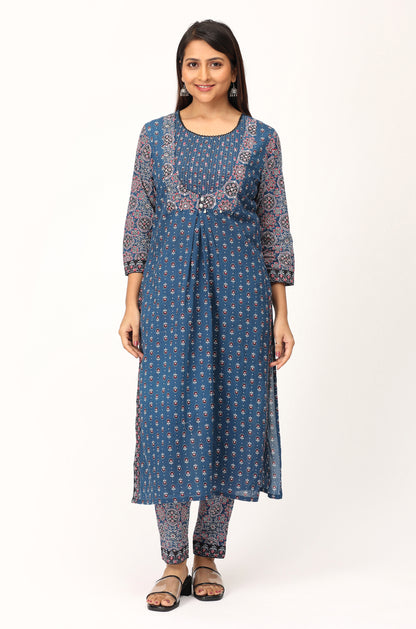 Navy Blue Cotton Printed with Handwork Kurti Set -3Pcs