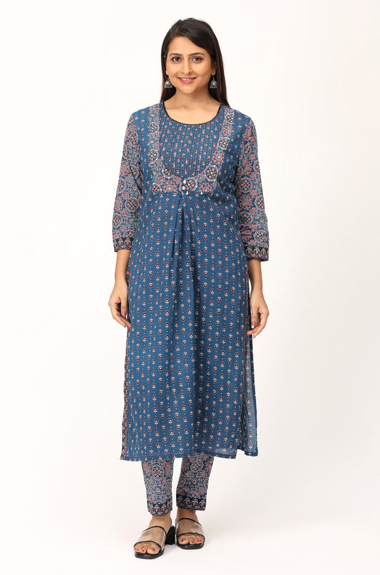 Navy Blue Cotton Printed with Handwork Kurti Set -3Pcs