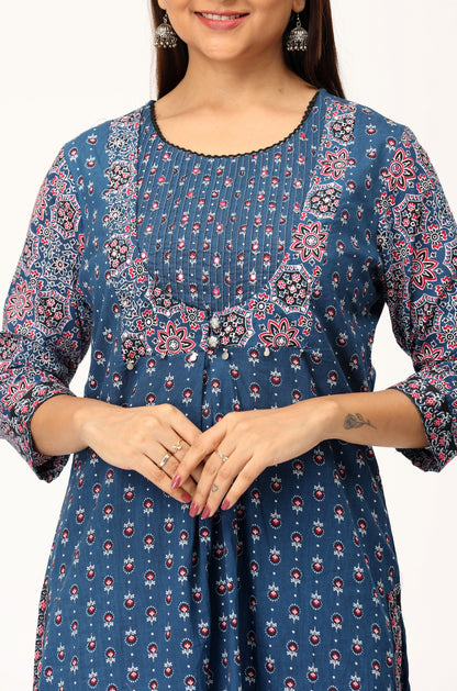 Navy Blue Cotton Printed with Handwork Kurti Set -3Pcs