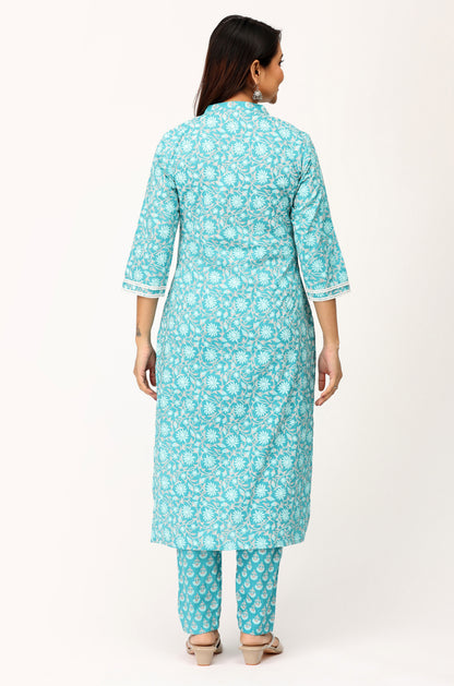 Teal Cotton Printed with Handwork Kurti Set -3Pcs