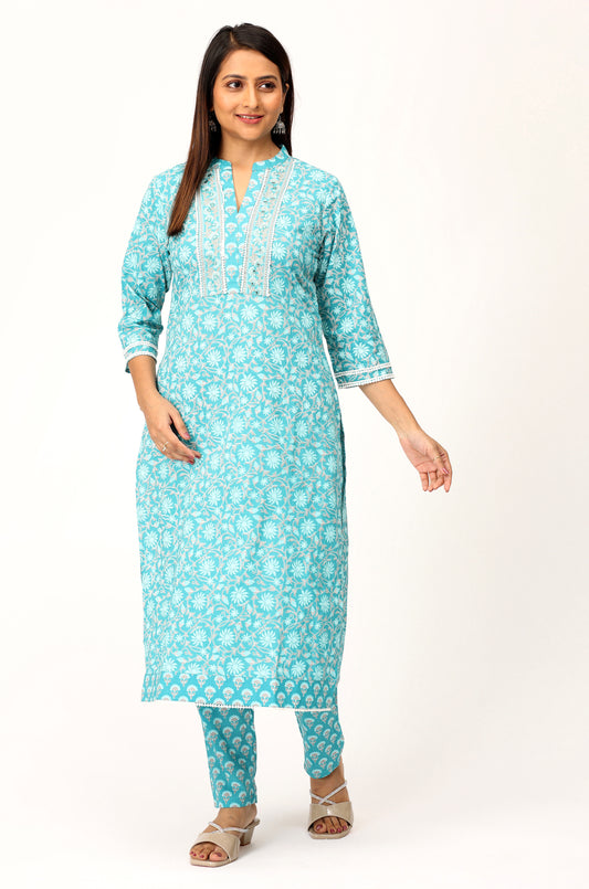 Teal Cotton Printed with Handwork Kurti Set -3Pcs