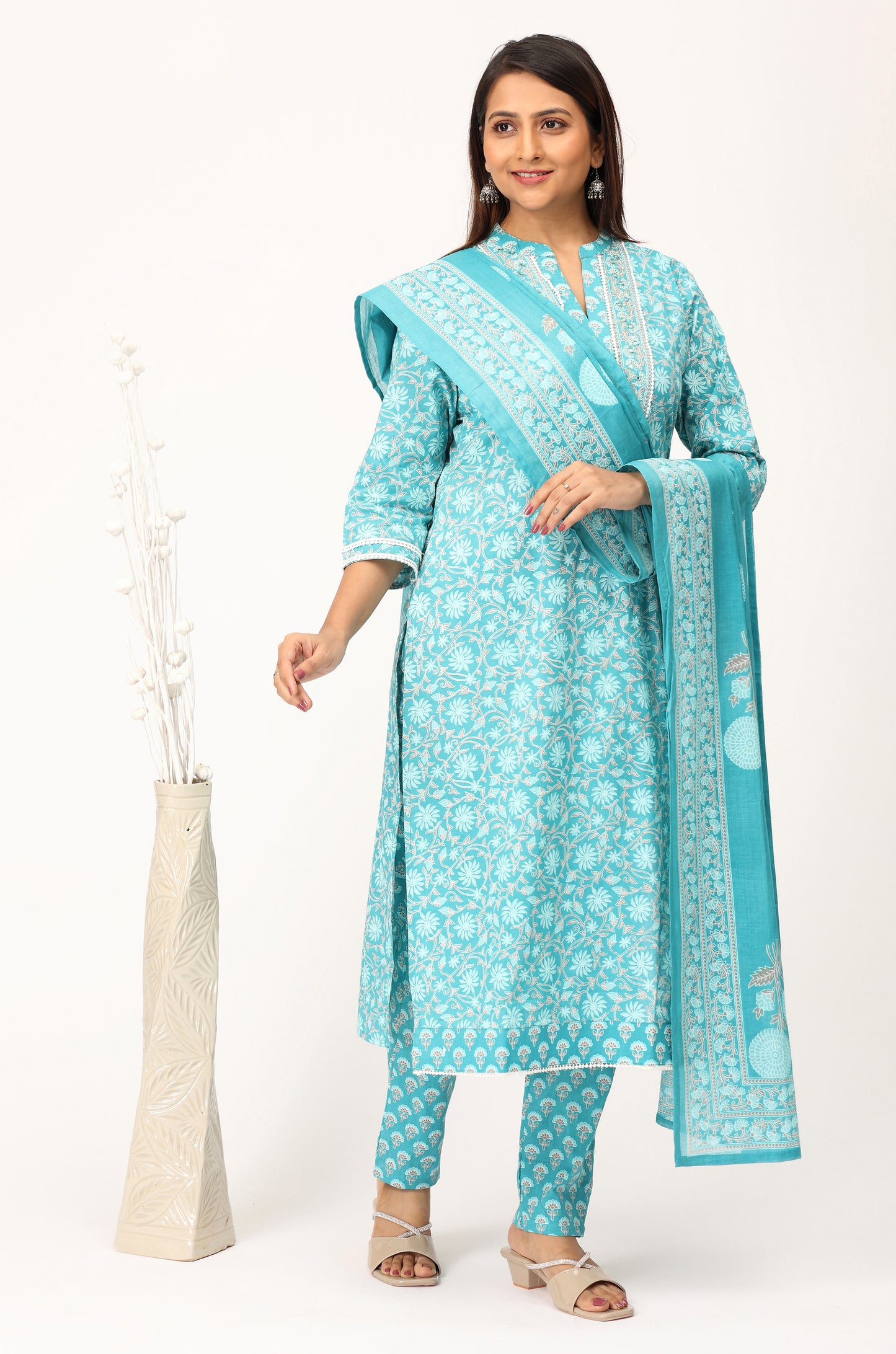 Teal Cotton Printed with Handwork Kurti Set -3Pcs