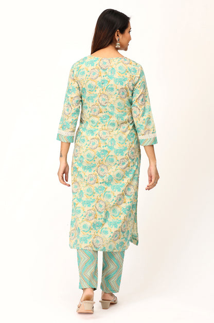 Teal Cotton Printed with Embroidery Kurti Set -3Pcs