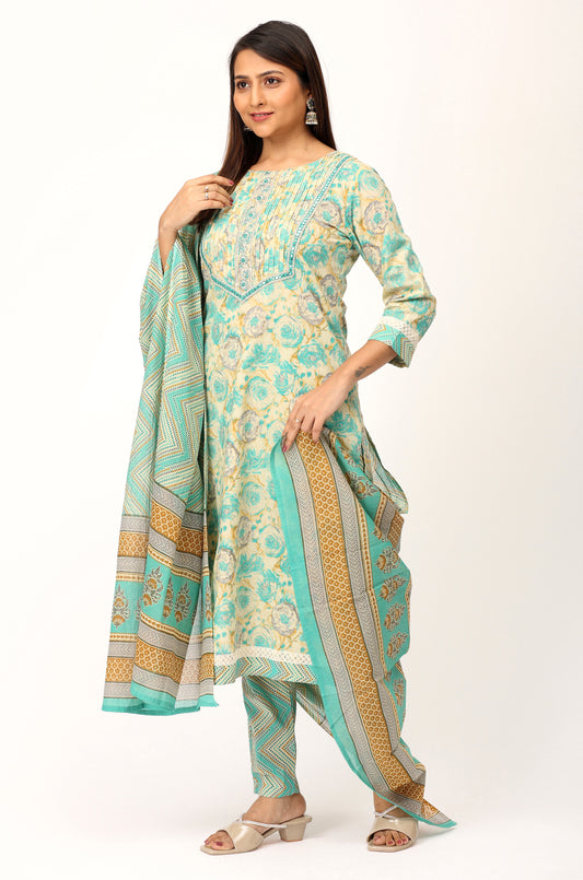Teal Cotton Printed with Embroidery Kurti Set -3Pcs