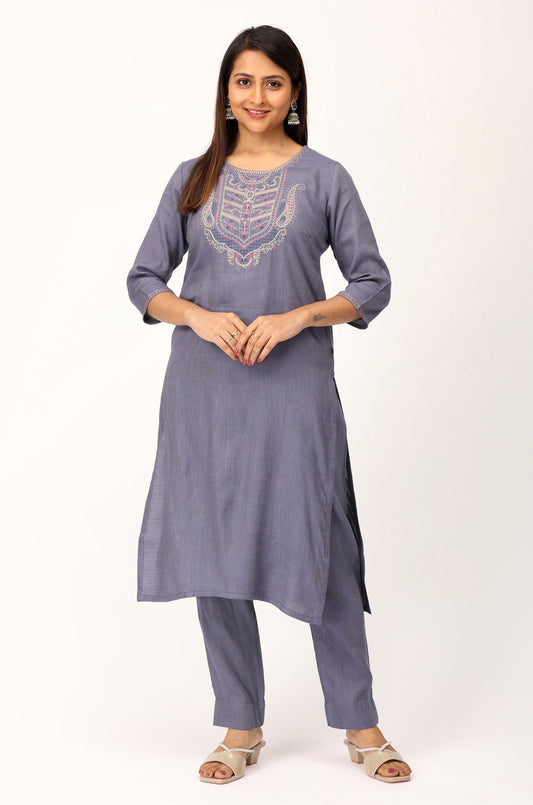 Blue Grey Matty Embroidery Straight Kurti Set - 2Pcs