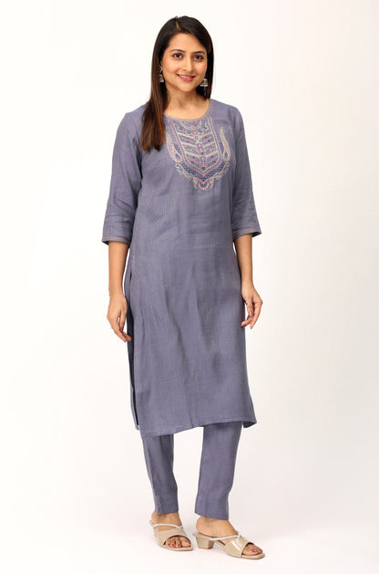 Blue Grey Matty Embroidery Straight Kurti Set - 2Pcs