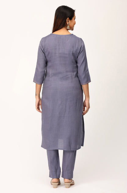 Blue Grey Matty Embroidery Straight Kurti Set - 2Pcs