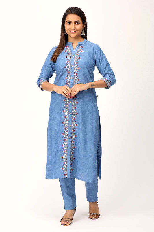 Denim Blue Embroidery Straight Kurti Set - 2Pcs