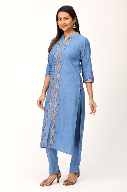 Denim Blue Embroidery Straight Kurti Set - 2Pcs