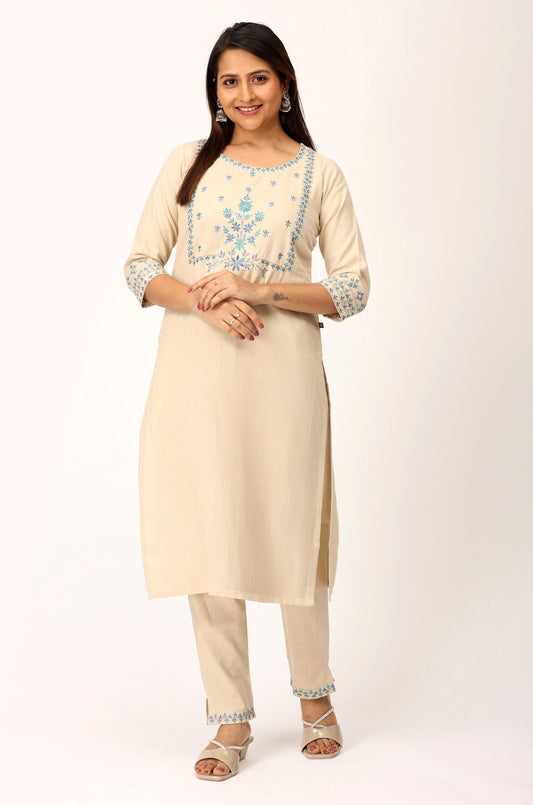 Beige Khadi Embroidery Straight Kurti Set - 2Pcs
