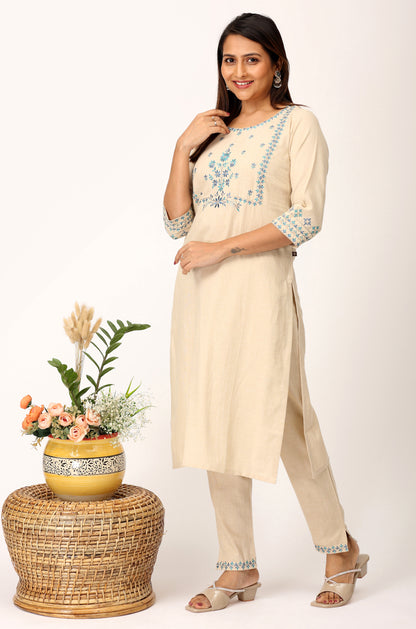 Beige Khadi Embroidery Straight Kurti Set - 2Pcs