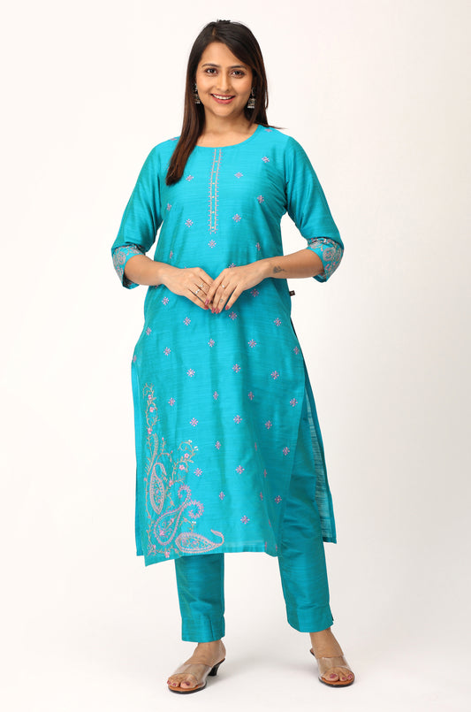Blue Slub Silk Sequence Embroidery Straight Kurti Set - 2Pcs