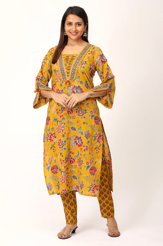 Mustard Cotton Printed with Handwork Kurti Set -3Pcs