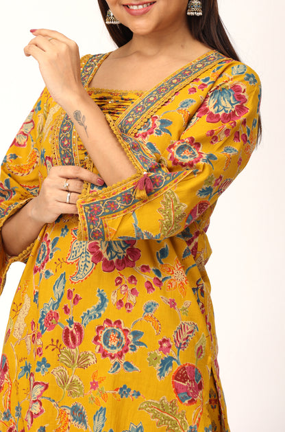Mustard Cotton Printed with Handwork Kurti Set -3Pcs