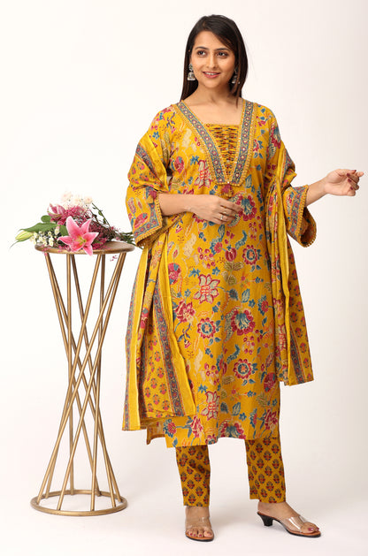 Mustard Cotton Printed with Handwork Kurti Set -3Pcs