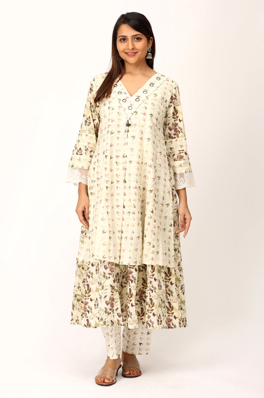 Cream Cotton Printed with Handwork Kurti Set -3Pcs