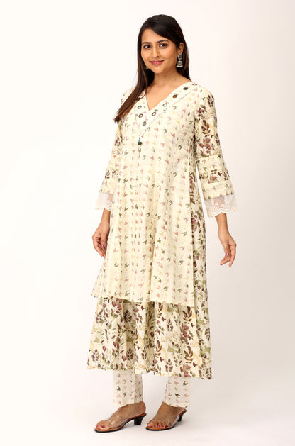 Cream Cotton Printed with Handwork Kurti Set -3Pcs
