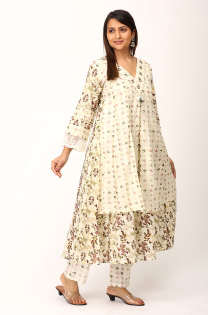 Cream Cotton Printed with Handwork Kurti Set -3Pcs