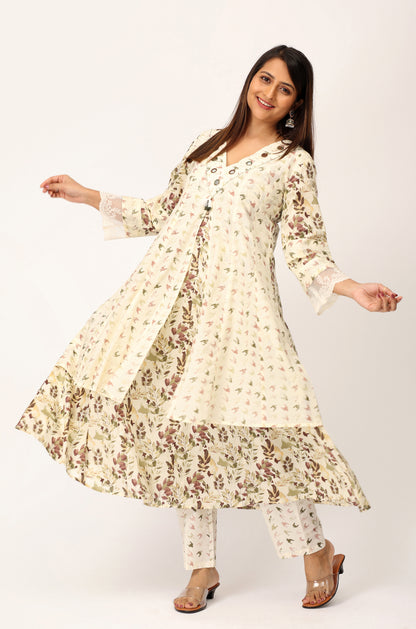 Cream Cotton Printed with Handwork Kurti Set -3Pcs