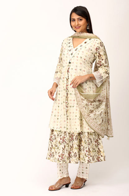 Cream Cotton Printed with Handwork Kurti Set -3Pcs