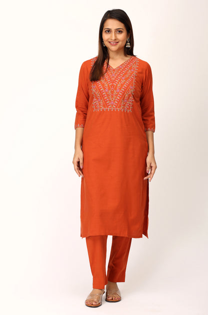 Rust Rayon Slub Embroidery Straight Kurti Set - 2Pcs