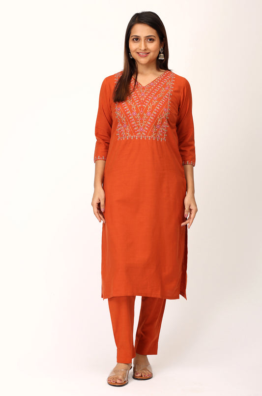 Rust Rayon Slub Embroidery Straight Kurti Set - 2Pcs