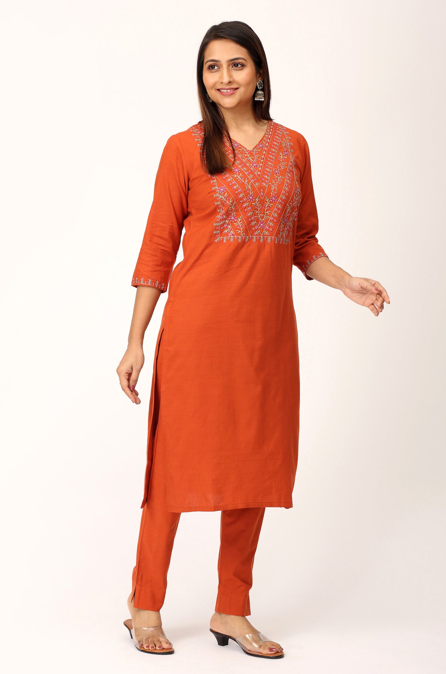 Rust Rayon Slub Embroidery Straight Kurti Set - 2Pcs