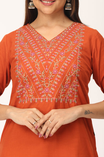 Rust Rayon Slub Embroidery Straight Kurti Set - 2Pcs