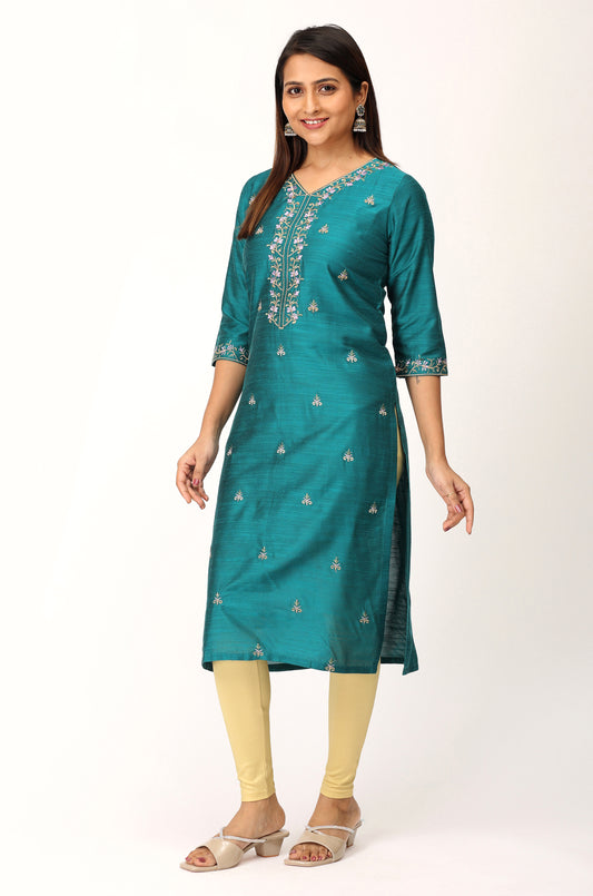 Dark Teal Slub Silk Embroidery Kurti