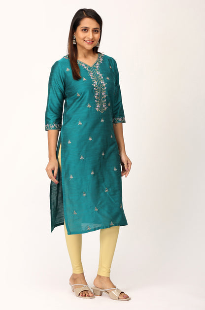 Dark Teal Slub Silk Embroidery Kurti