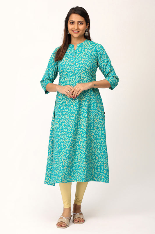 Teal Rayon Slub Printed A-Line Kurti