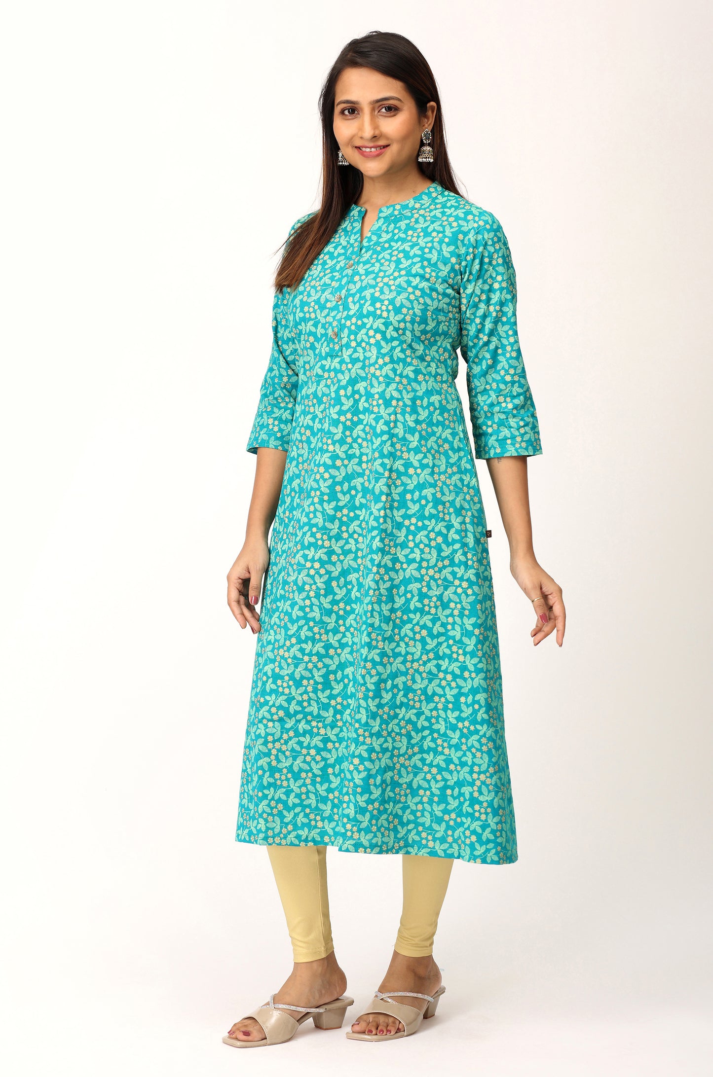 Teal Rayon Slub Printed A-Line Kurti