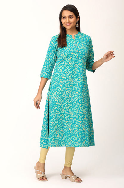 Teal Rayon Slub Printed A-Line Kurti