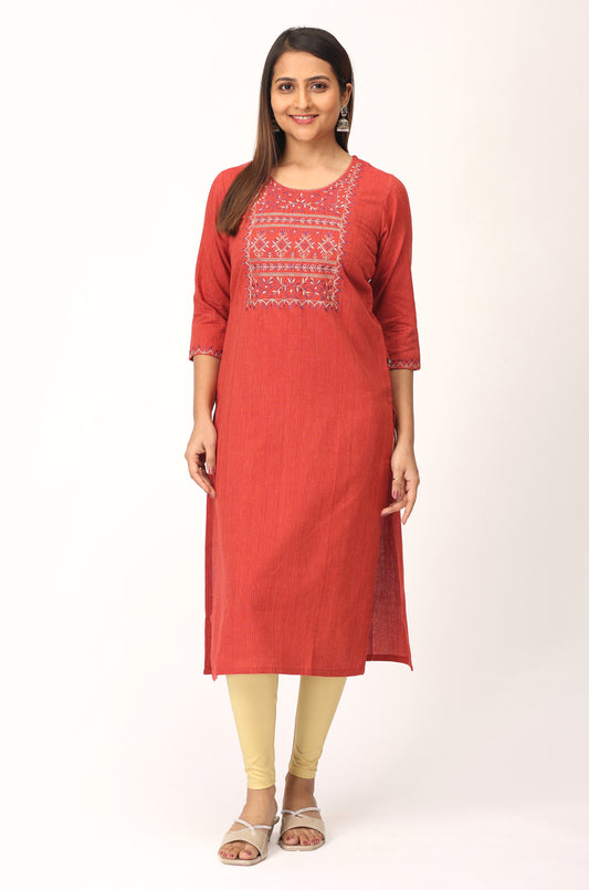 Rust Khadi Embroidery Straight Kurti