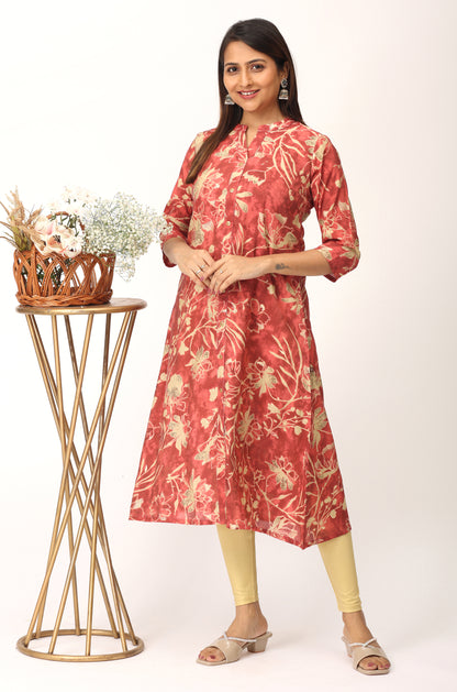 Dark Peach Modal Printed A-Line Kurti