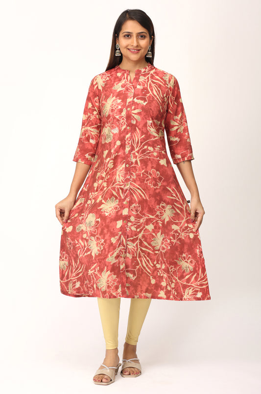 Dark Peach Modal Printed A-Line Kurti