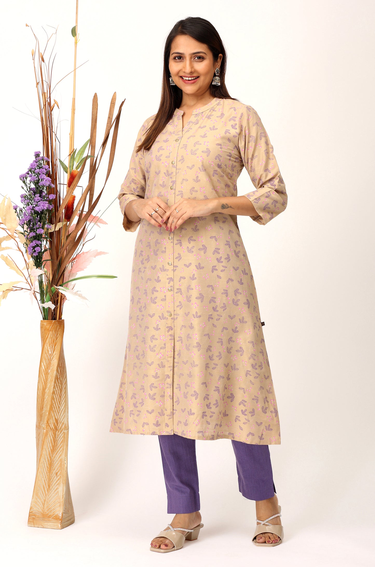 Beige Slub Silk Printed A-Line Kurti