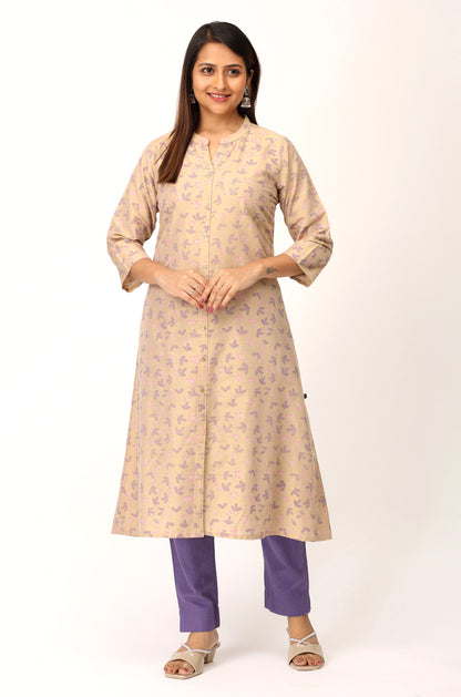 Beige Slub Silk Printed A-Line Kurti