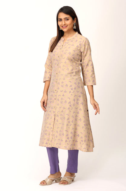 Beige Slub Silk Printed A-Line Kurti