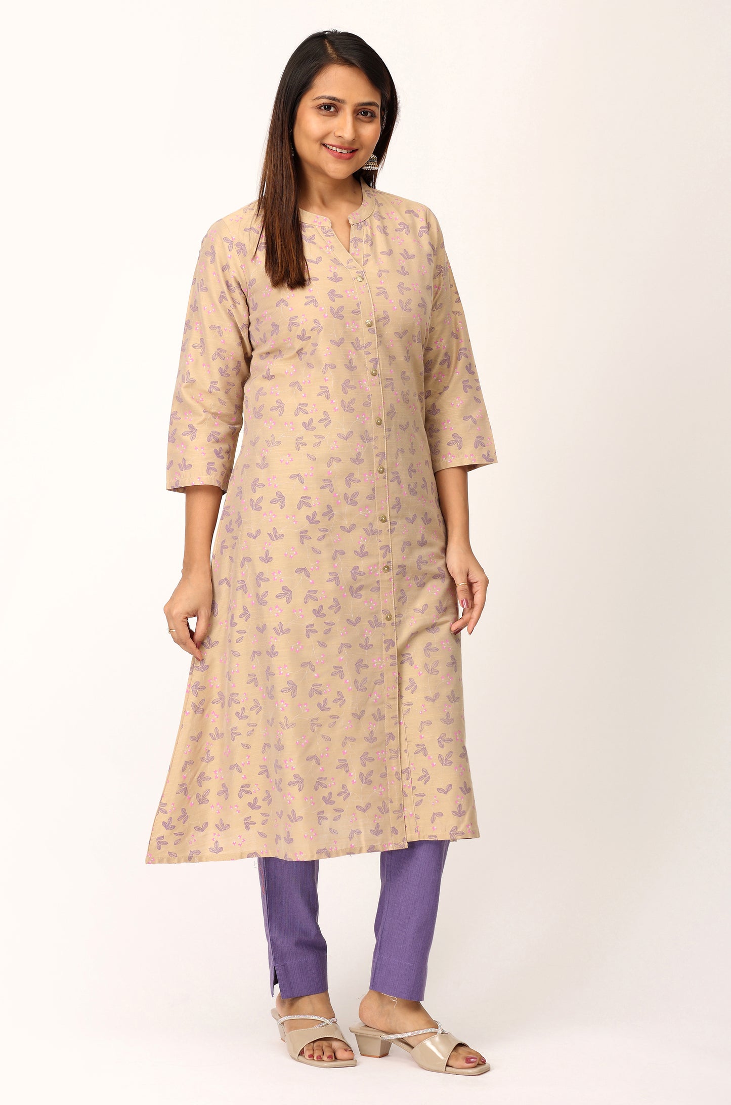Beige Slub Silk Printed A-Line Kurti