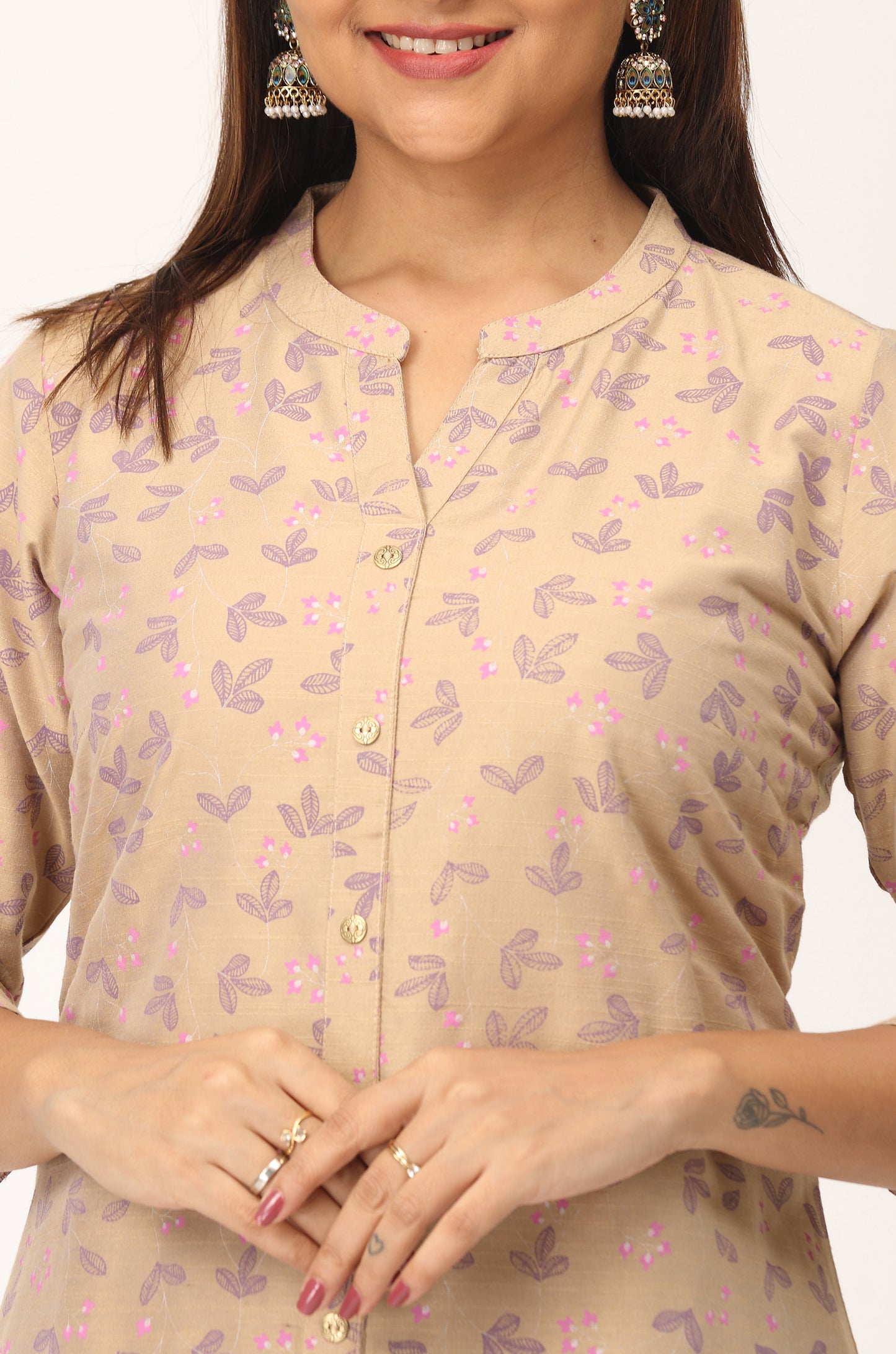 Beige Slub Silk Printed A-Line Kurti