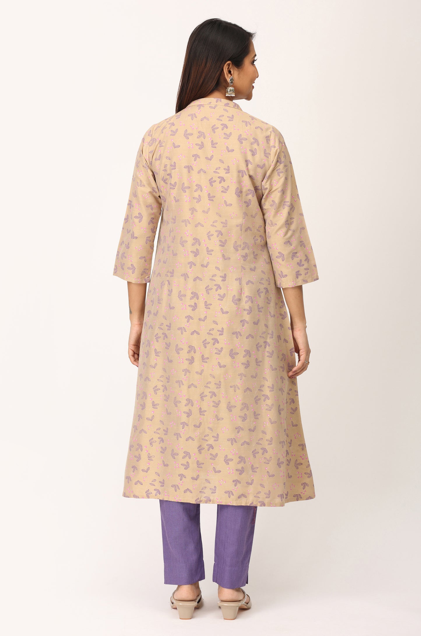 Beige Slub Silk Printed A-Line Kurti