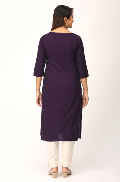 Purple Rayon Slub Embroidery Straight Kurti