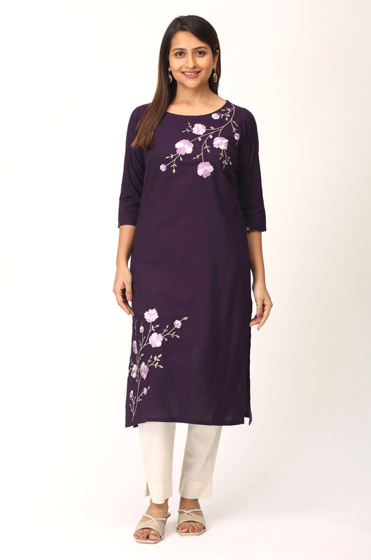Purple Rayon Slub Embroidery Straight Kurti