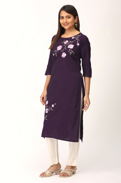 Purple Rayon Slub Embroidery Straight Kurti
