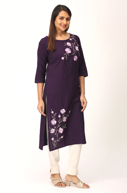 Purple Rayon Slub Embroidery Straight Kurti