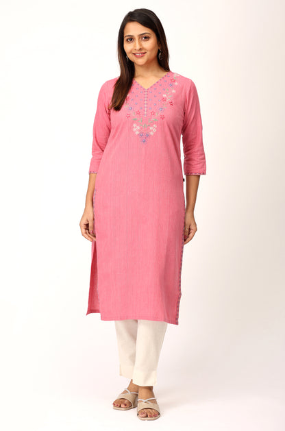 Pink Khadi Embroidery Straight Kurti