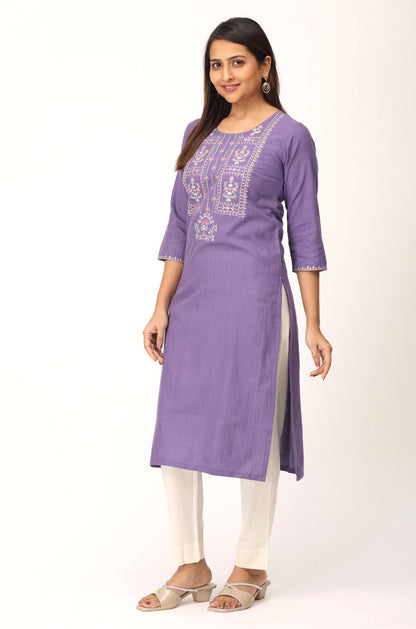 Purple Khadi Embroidery Straight Kurti