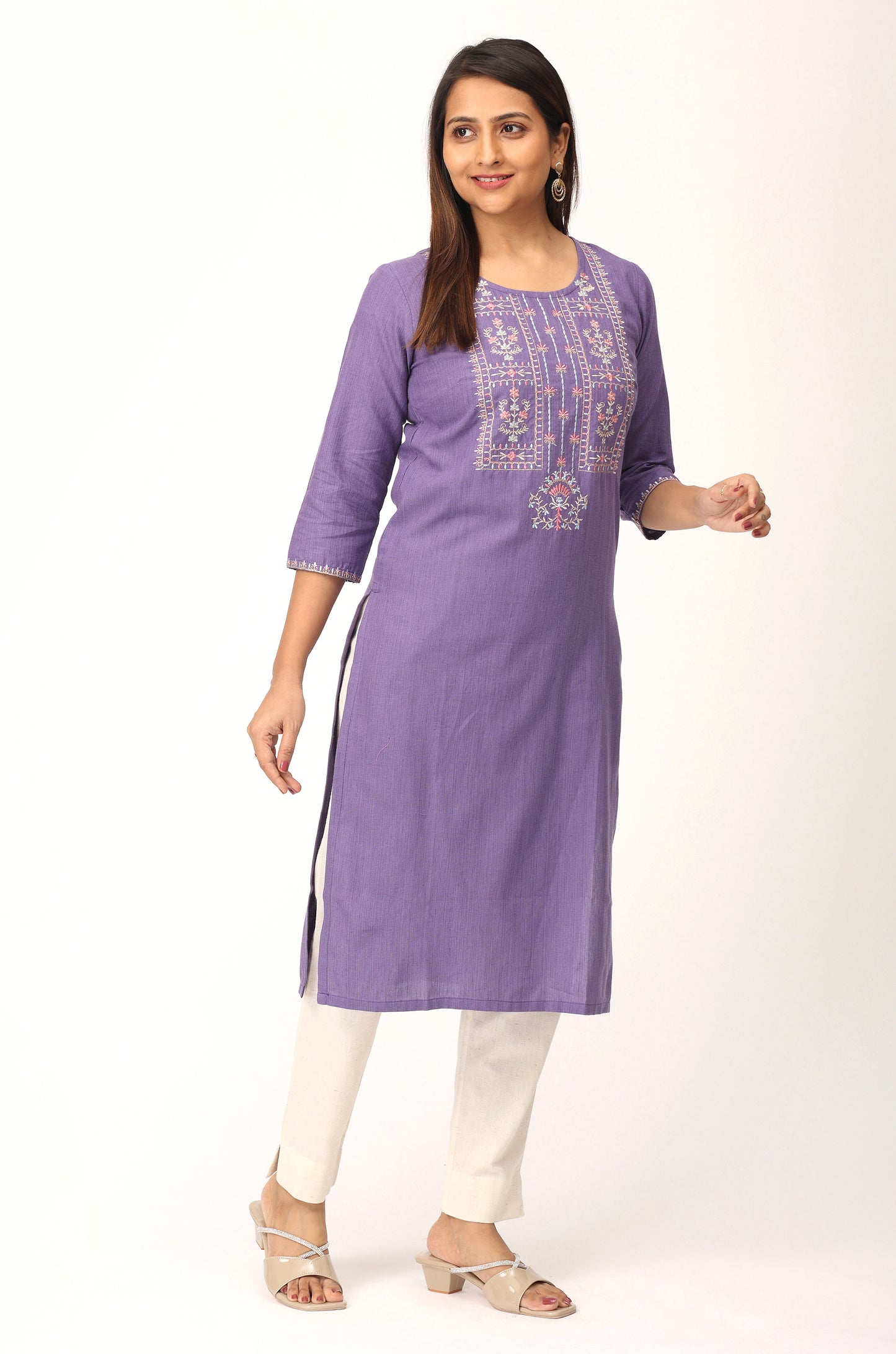 Purple Khadi Embroidery Straight Kurti